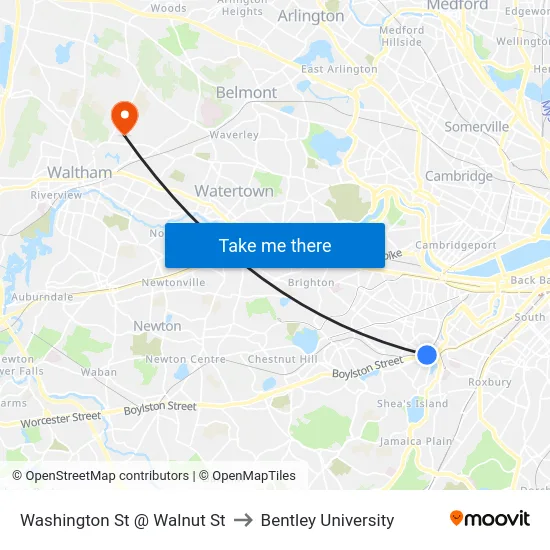 Washington St @ Walnut St to Bentley University map