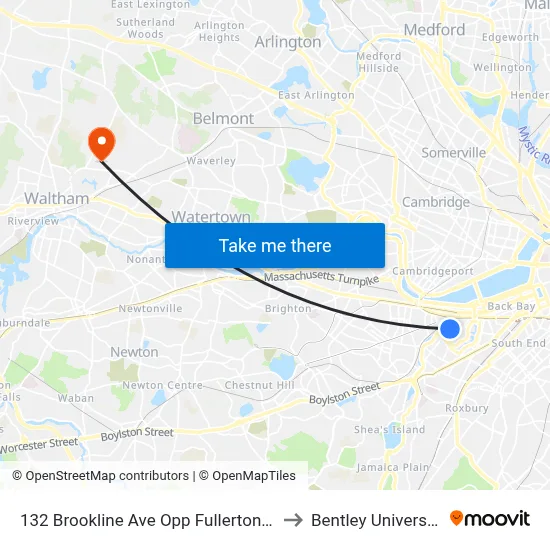 132 Brookline Ave Opp Fullerton St to Bentley University map