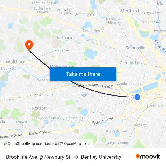 Brookline Ave @ Newbury St to Bentley University map