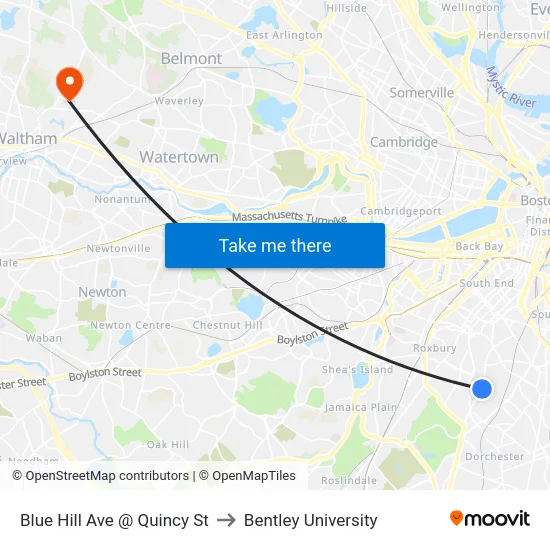 Blue Hill Ave @ Quincy St to Bentley University map