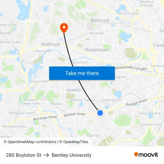 280 Boylston St to Bentley University map