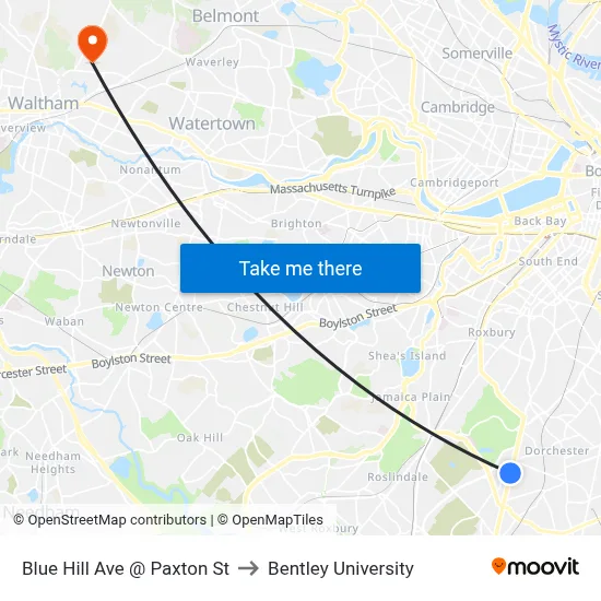 Blue Hill Ave @ Paxton St to Bentley University map