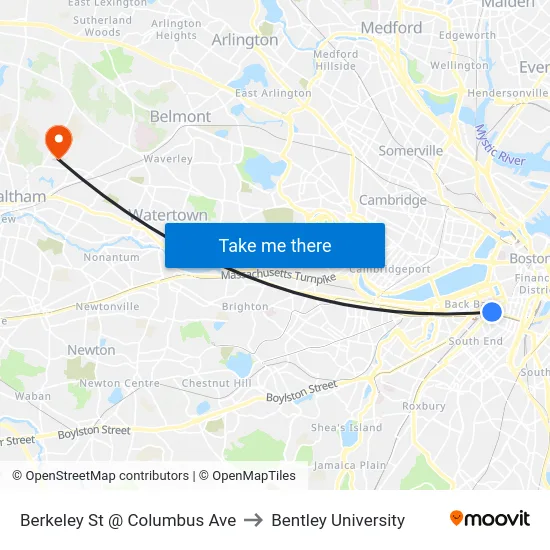 Berkeley St @ Columbus Ave to Bentley University map