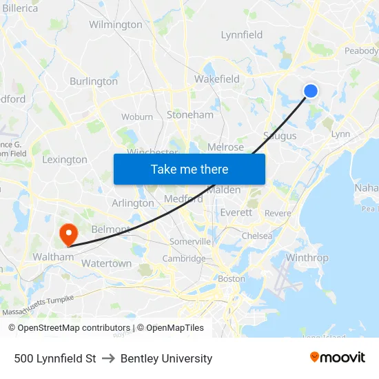 500 Lynnfield St to Bentley University map