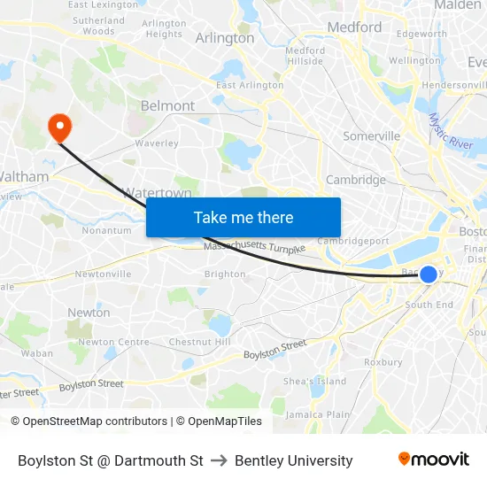 Boylston St @ Dartmouth St to Bentley University map