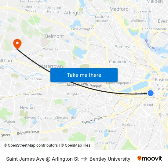 Saint James Ave @ Arlington St to Bentley University map