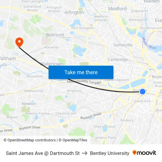 Saint James Ave @ Dartmouth St to Bentley University map