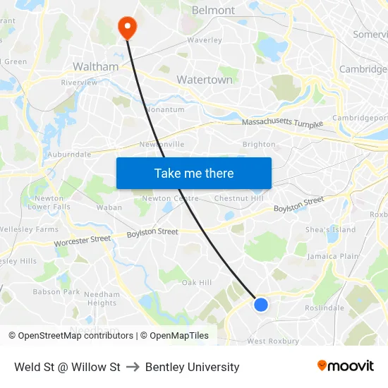 Weld St @ Willow St to Bentley University map