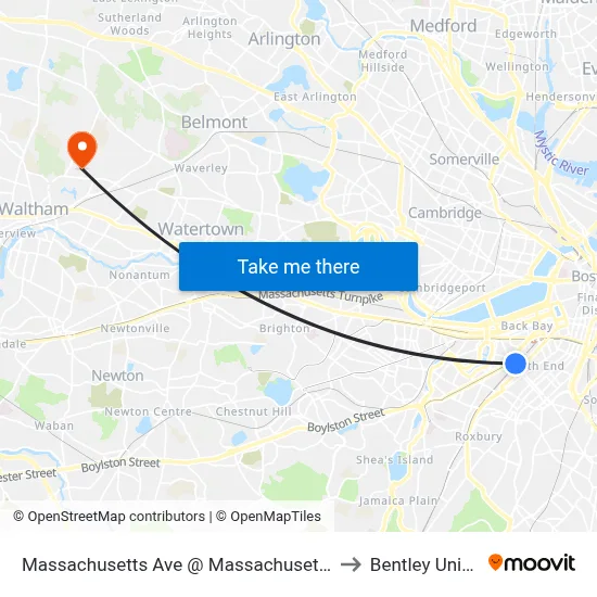 Massachusetts Ave @ Massachusetts Ave Station to Bentley University map