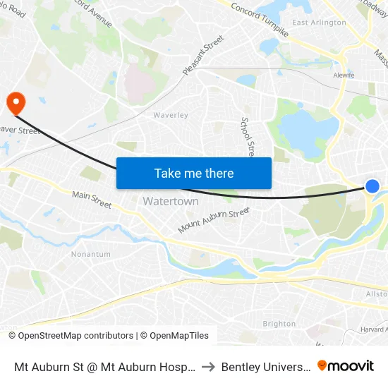 Mt Auburn St @ Mt Auburn Hospital to Bentley University map