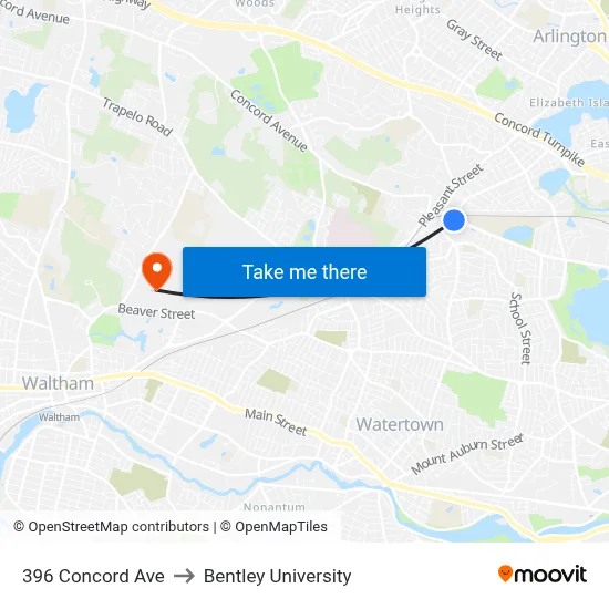 396 Concord Ave to Bentley University map