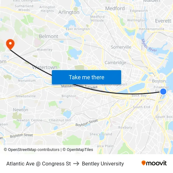 Atlantic Ave @ Congress St to Bentley University map