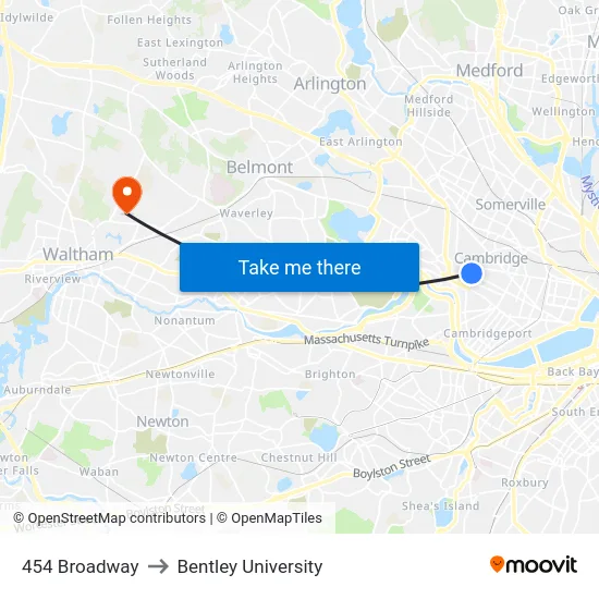 454 Broadway to Bentley University map