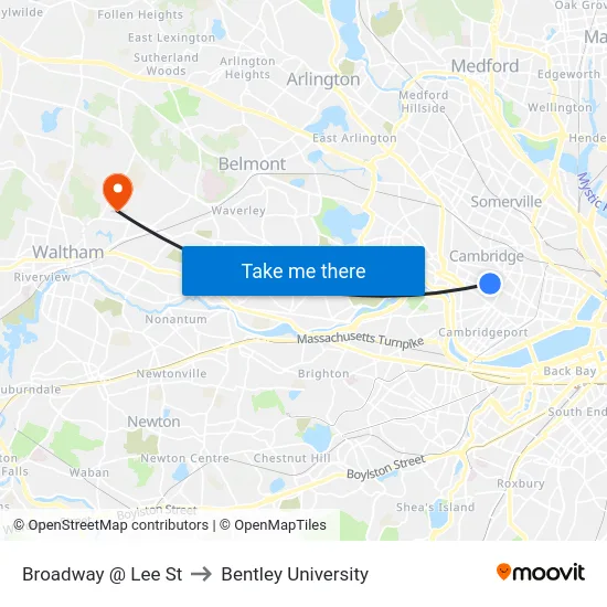 Broadway @ Lee St to Bentley University map