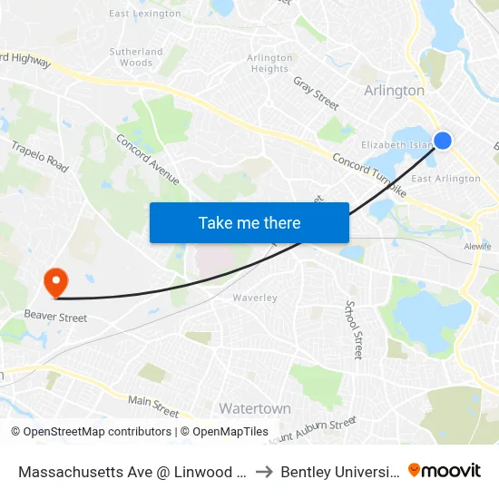 Massachusetts Ave @ Linwood St to Bentley University map