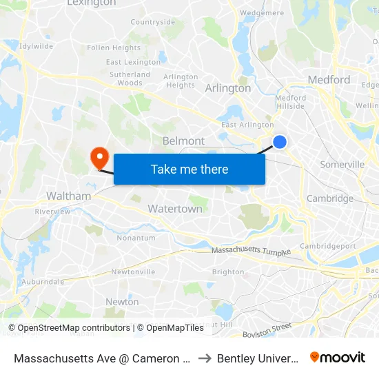 Massachusetts Ave @ Cameron Ave to Bentley University map