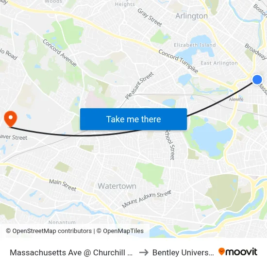 Massachusetts Ave @ Churchill Ave to Bentley University map
