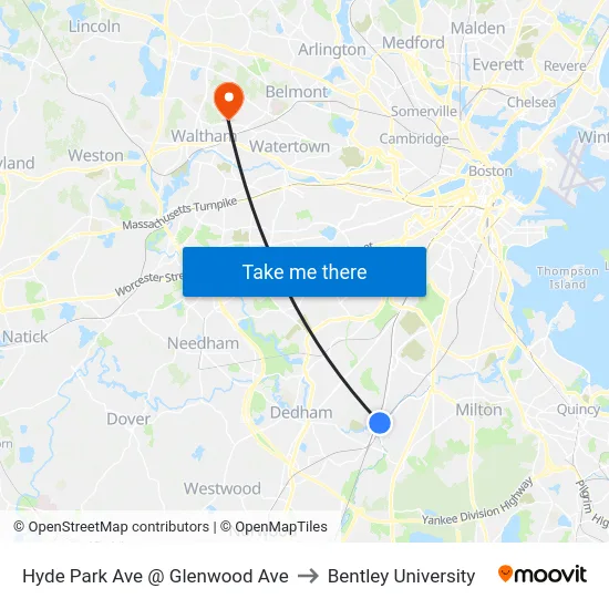 Hyde Park Ave @ Glenwood Ave to Bentley University map