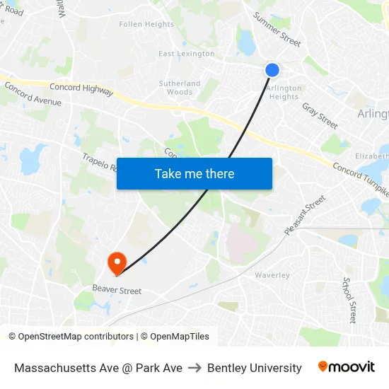 Massachusetts Ave @ Park Ave to Bentley University map
