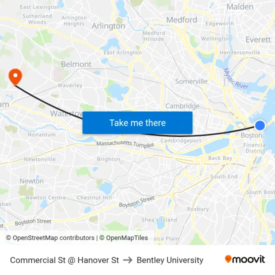 Commercial St @ Hanover St to Bentley University map