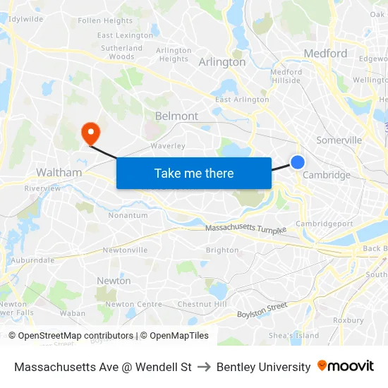 Massachusetts Ave @ Wendell St to Bentley University map