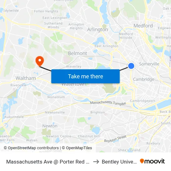 Massachusetts Ave @ Porter Red Line Sta to Bentley University map