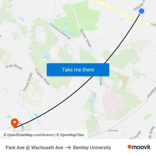 Park Ave @ Wachusett Ave to Bentley University map
