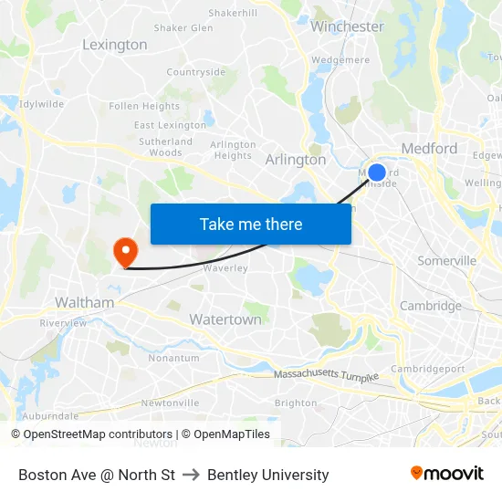 Boston Ave @ North St to Bentley University map