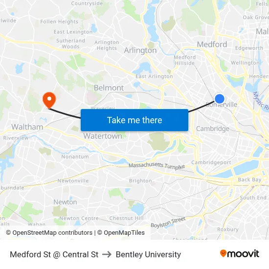 Medford St @ Central St to Bentley University map