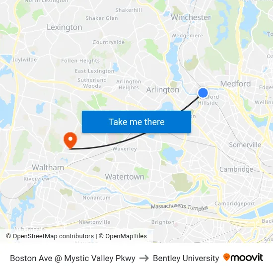 Boston Ave @ Mystic Valley Pkwy to Bentley University map