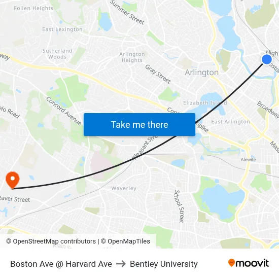 Boston Ave @ Harvard Ave to Bentley University map