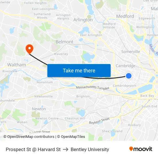 Prospect St @ Harvard St to Bentley University map