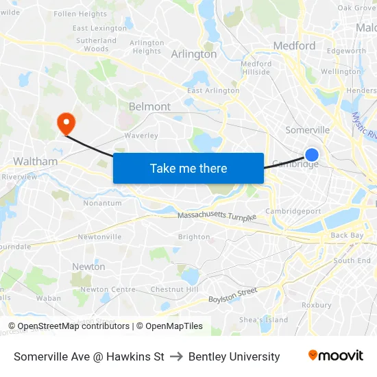 Somerville Ave @ Hawkins St to Bentley University map