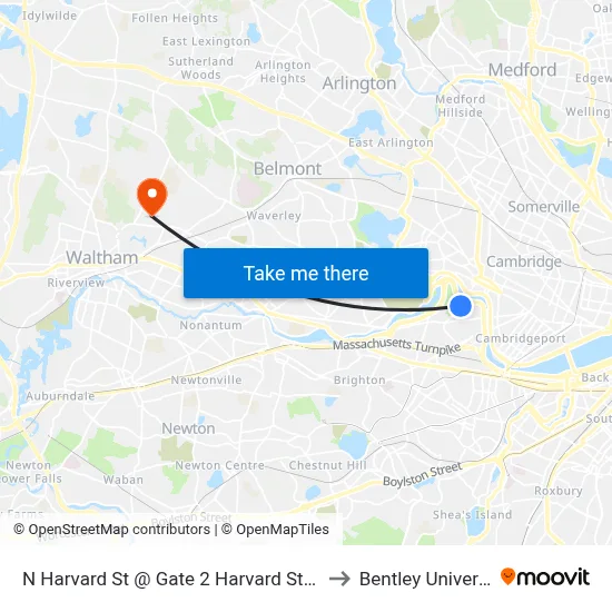 N Harvard St @ Gate 2 Harvard Stadium to Bentley University map