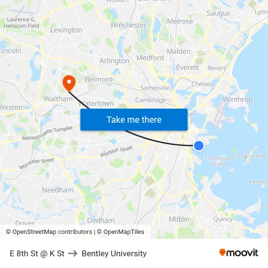 E 8th St @ K St to Bentley University map
