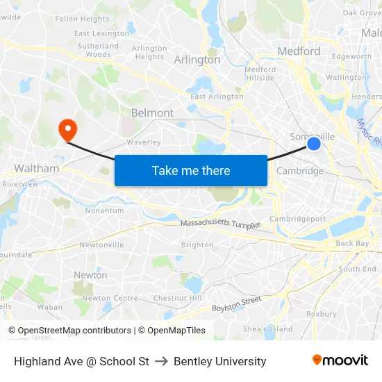 Highland Ave @ School St to Bentley University map