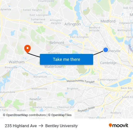 235 Highland Ave to Bentley University map