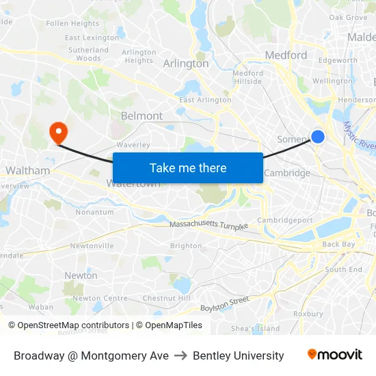 Broadway @ Montgomery Ave to Bentley University map