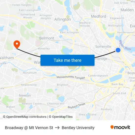 Broadway @ Mt Vernon St to Bentley University map