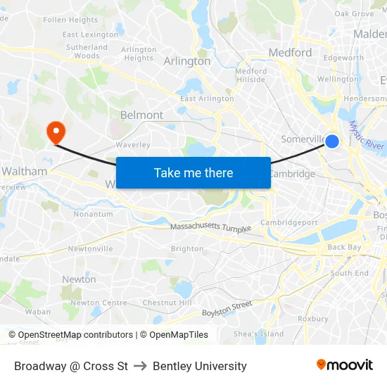 Broadway @ Cross St to Bentley University map