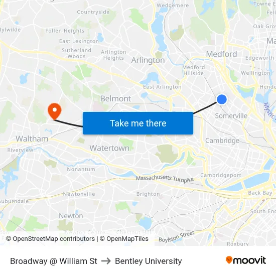 Broadway @ William St to Bentley University map