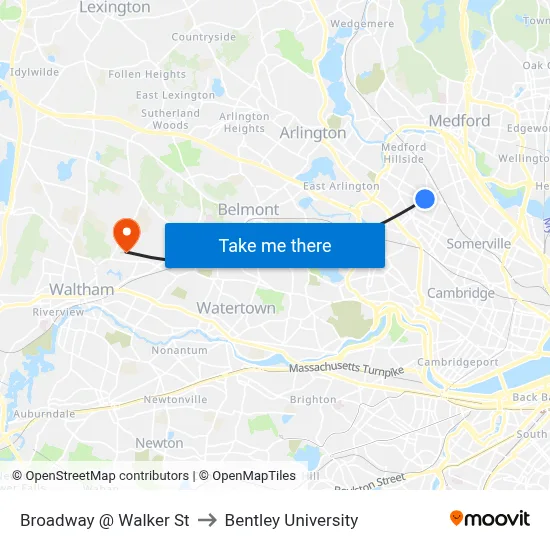 Broadway @ Walker St to Bentley University map