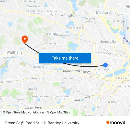 Green St @ Pearl St to Bentley University map