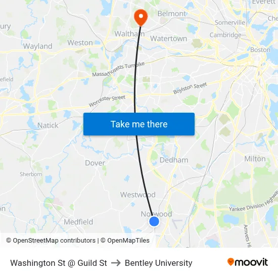 Washington St @ Guild St to Bentley University map