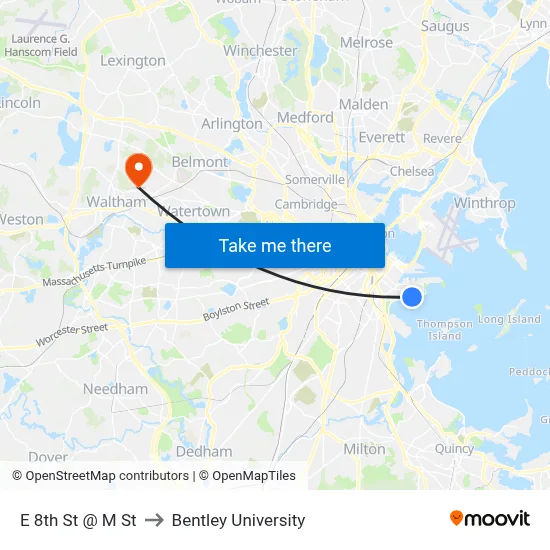 E 8th St @ M St to Bentley University map