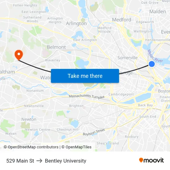 529 Main St to Bentley University map