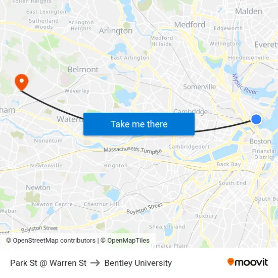 Park St @ Warren St to Bentley University map