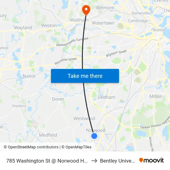 785 Washington St @ Norwood Hospital to Bentley University map