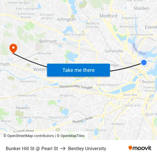 Bunker Hill St @ Pearl St to Bentley University map