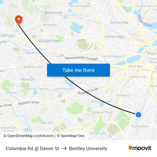 Columbia Rd @ Devon St to Bentley University map
